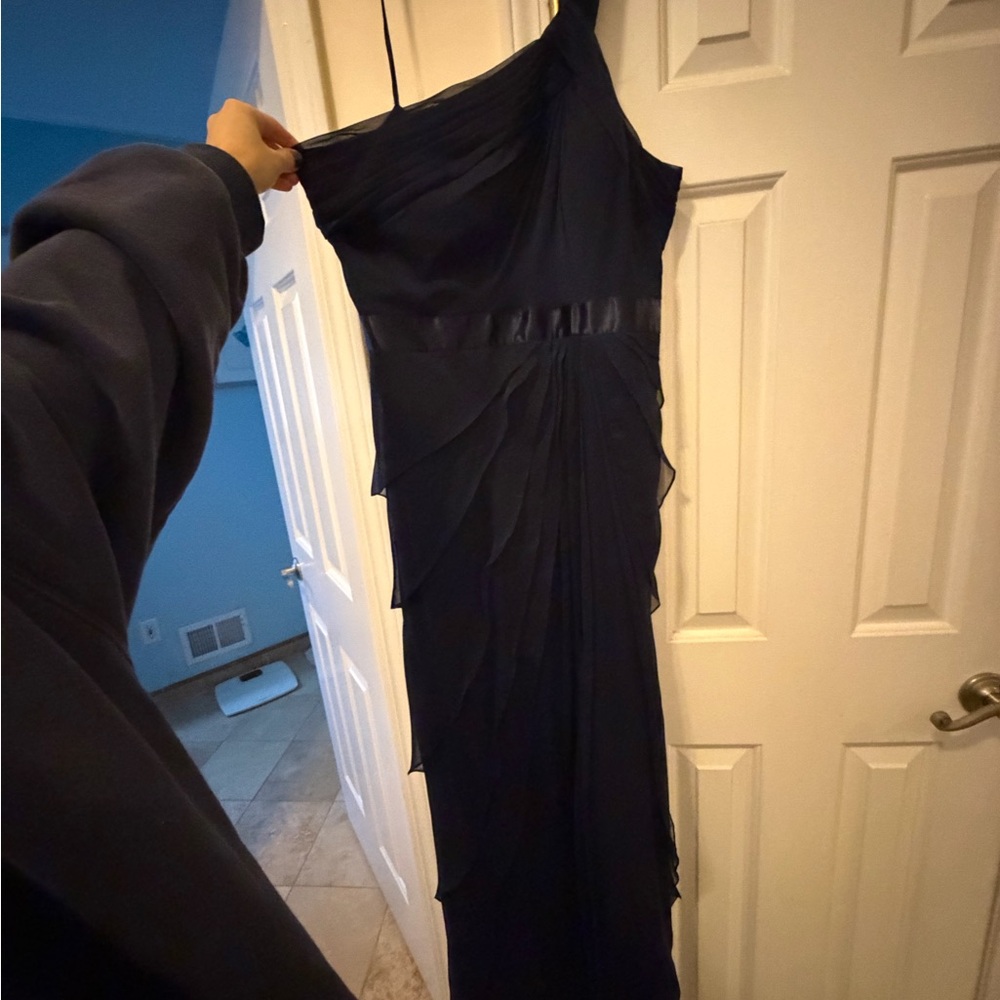 Adrianna Papell One-Shoulder Navy Chiffon Evening Gown